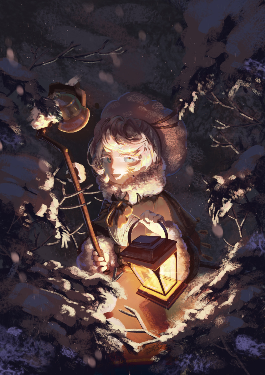 1girl bell blue_eyes bow brown_bow cookie_run cotton_cookie dress fir_tree fur-trimmed_dress fur_trim highres holding holding_lantern holding_staff lantern open_mouth shepherd's_crook smile snow solo staff tina616161 tree white_hair