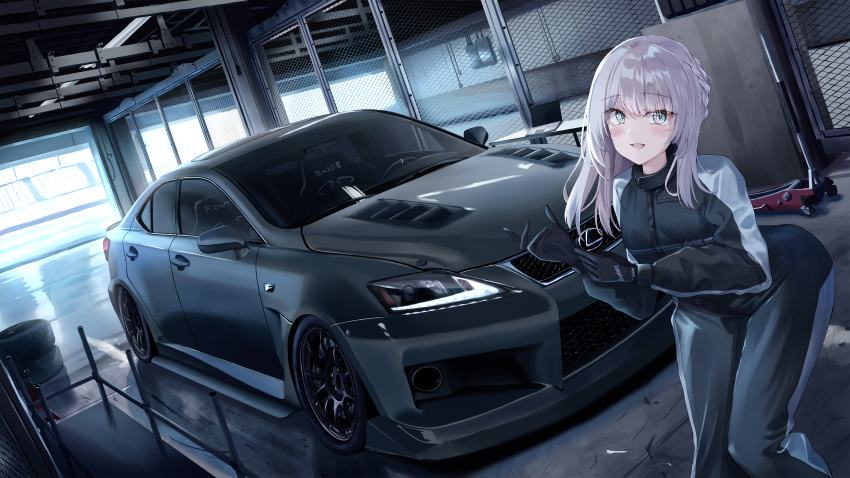 1girl absurdres black_gloves black_jumpsuit commentary_request commission garage gloves green_eyes grey_hair highres indoors jumpsuit lexus long_sleeves original png_pant_(bus) skeb_commission solo tire vehicle_focus vehicle_request