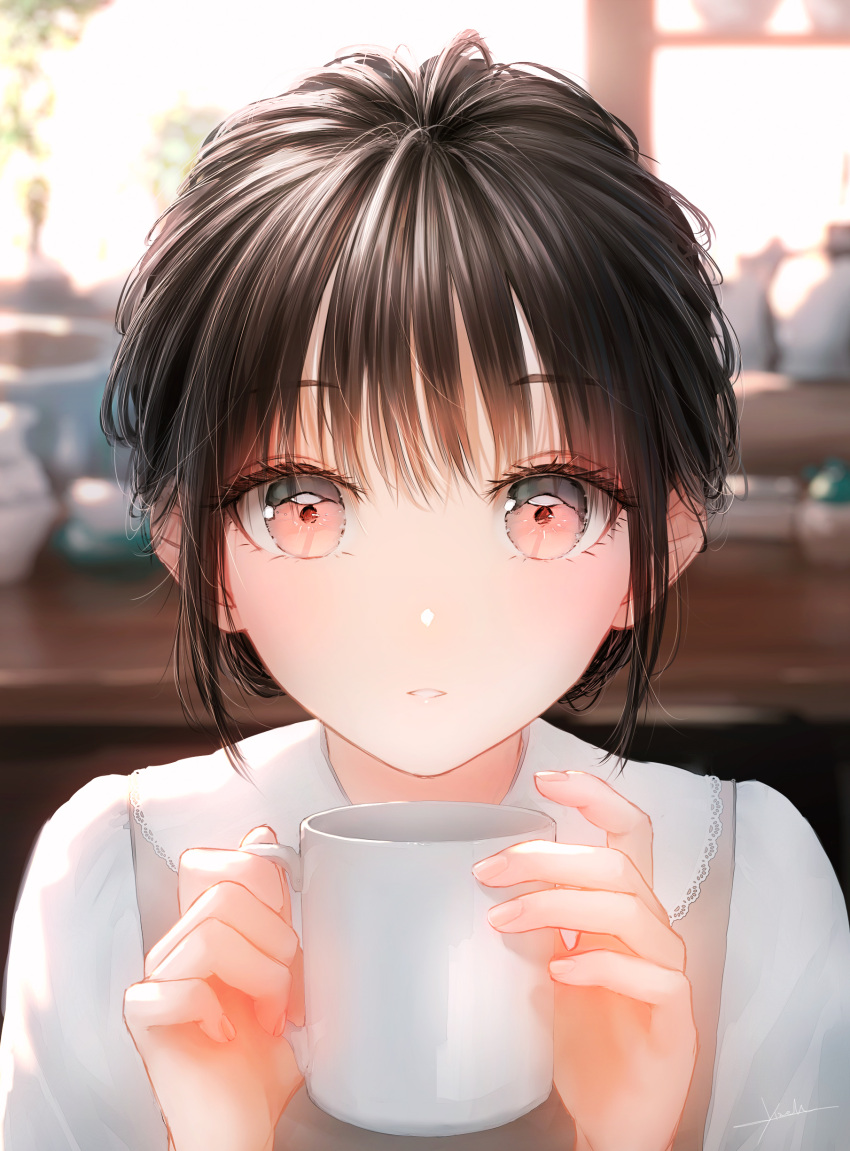 1girl absurdres backlighting black_hair bluch blurry blurry_background breasts coffee_mug commentary_request cup hair_bun highres holding holding_cup indoors looking_at_viewer medium_breasts mug ojay_tkym original parted_lips portrait red_eyes signature solo sunlight window