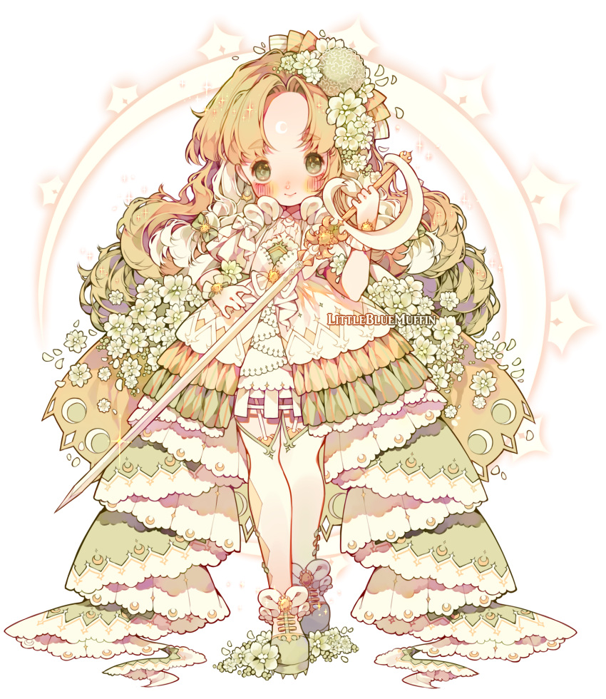 artist_name blonde_hair blush blush_stickers bow braid cancer_(zodiac) cape chibi closed_mouth crescent crescent_print crescent_tattoo dress english_commentary eyelashes flower forehead_tattoo frilled_dress frilled_sleeves frilled_wrist_cuffs frills gradient_hair green_bow green_dress green_eyes green_hair green_wrist_cuffs hair_bow hair_flower hair_ornament highres holding holding_sword holding_weapon knight layered_dress littlebluemuffin long_hair looking_at_viewer moon multicolored_clothes multicolored_dress multicolored_hair multiple_hair_bows orange_bow orange_cape original painttool_sai_(medium) parted_bangs petals photoshop_(medium) short_dress short_sleeves smile sparkle star_(symbol) star_print striped striped_bow sword thigh-highs transparent_background twin_braids waist_bow watermark weapon white_bow white_dress white_flower white_hair white_thighhighs yellow_bow yellow_dress zodiac