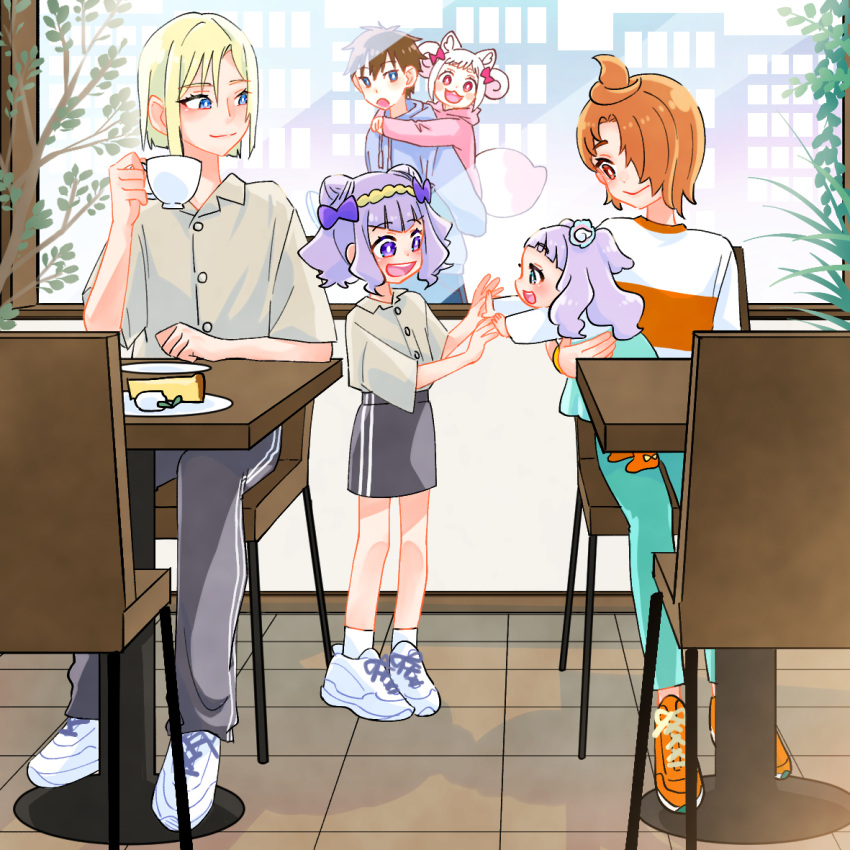 3boys 3girls aged_down animal_ears ankle_socks blonde_hair blue_eyes blue_hoodie bob_cut bright_pupils brown_hair carrying chair child closed_mouth collared_shirt cone_hair_bun cup day delicious_party_precure double_bun double_vertical_stripe ellee-chan fox_ears fox_girl fox_tail green_pants grey_pants grey_shirt grey_skirt hair_bun hair_ornament hair_over_one_eye hirogaru_sky!_precure holding holding_cup holding_hands hood hood_down hoodie hugtto!_precure indoors kome-kome_(precure) long_sleeves matching_outfits miniskirt monster_rally multiple_boys multiple_girls orange_footwear orange_hair outdoors pants piggyback pink_eyes pink_hoodie precure purple_hair reaching red_eyes restaurant ruru_amour series_connection shinada_takumi shirt shoes sitting skirt smile sneakers socks standing table tail teacup violet_eyes wakamiya_henri white_footwear white_hair white_pupils white_shirt white_socks window yuunagi_tsubasa_(bird)