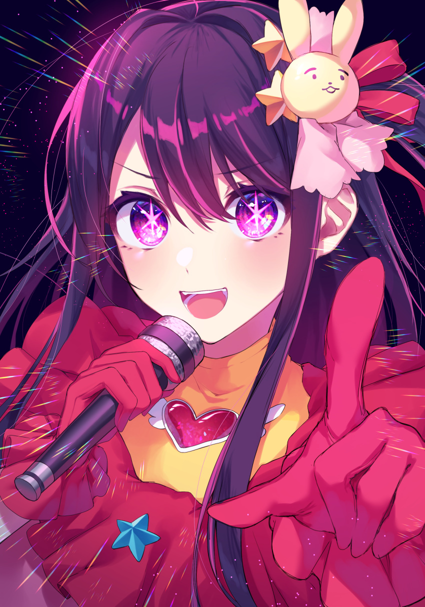 1girl :d absurdres blue_background bow brooch commentary_request gloves hair_between_eyes hair_bow hair_ornament hands_up heart heart_brooch high_collar highres holding holding_microphone hoshino_ai_(oshi_no_ko) idol index_finger_raised jewelry kurobikari light_particles long_hair microphone multicolored_eyes music one_side_up open_mouth oshi_no_ko pink_bow pink_eyes pink_gloves pointing pointing_at_viewer purple_hair rabbit_hair_ornament simple_background singing smile solo star-shaped_pupils star_(symbol) star_hair_ornament straight_hair symbol-shaped_pupils teeth tongue upper_body v-shaped_eyebrows violet_eyes