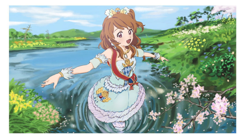 1girl :d aikatsu! aikatsu!_(series) all_day_long blue_dress blue_sky border cherry_blossoms clouds day detached_sleeves dress flower frilled_dress frills grass hair_ornament highres idol_clothes long_hair looking_at_viewer one_side_up oozora_akari open_mouth orange_hair outdoors outstretched_arms red_eyes red_sash sash sky smile solo standing wading white_border wrist_cuffs