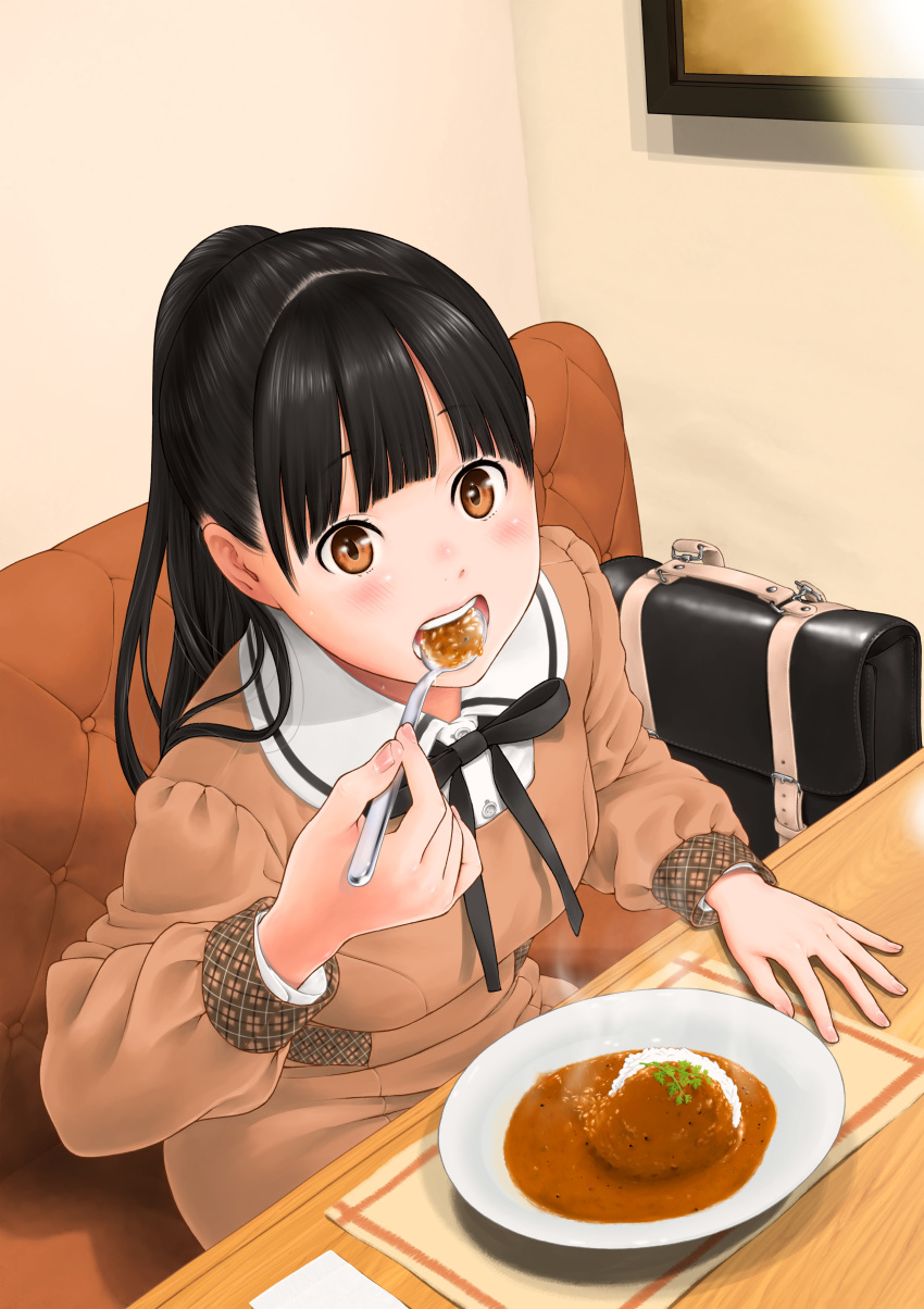1girl absurdres black_hair black_ribbon blush briefcase brown_dress brown_eyes collared_dress commentary_request curry curry_rice dress eating food highres holding holding_spoon indoors key_(kagibangou) long_hair long_sleeves looking_at_viewer neck_ribbon open_mouth original ponytail ribbon rice sitting solo spoon teeth upper_body