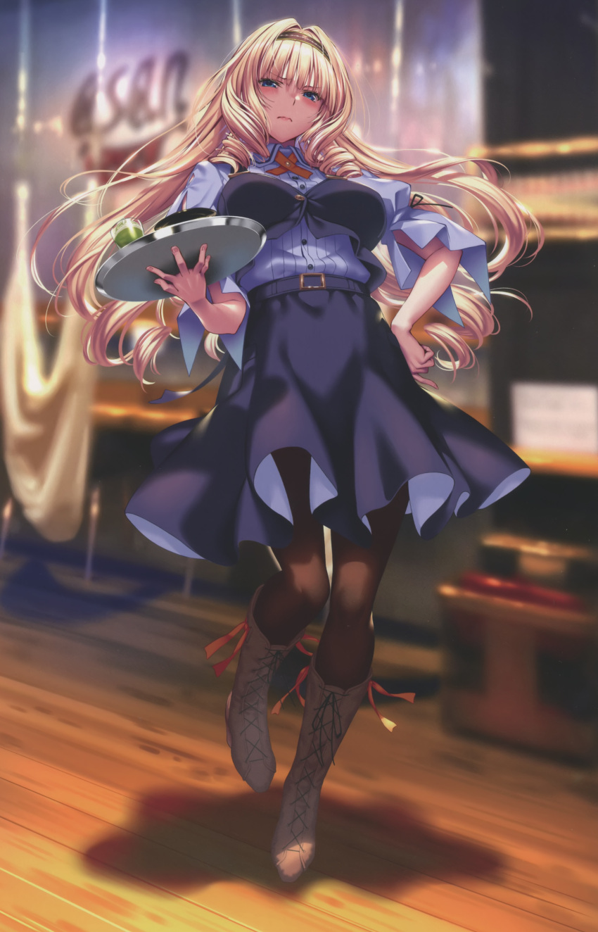 1girl absurdres blonde_hair blue_eyes blurry blurry_background blush boots breasts closed_mouth full_body hair_ornament hairband hand_on_own_hip hanikami_kanojo highres holding holding_tray indoors lips long_hair looking_at_viewer medium_breasts pantyhose piromizu puffy_sleeves scan shadow short_sleeves shoudou_erena simple_background skirt solo tray