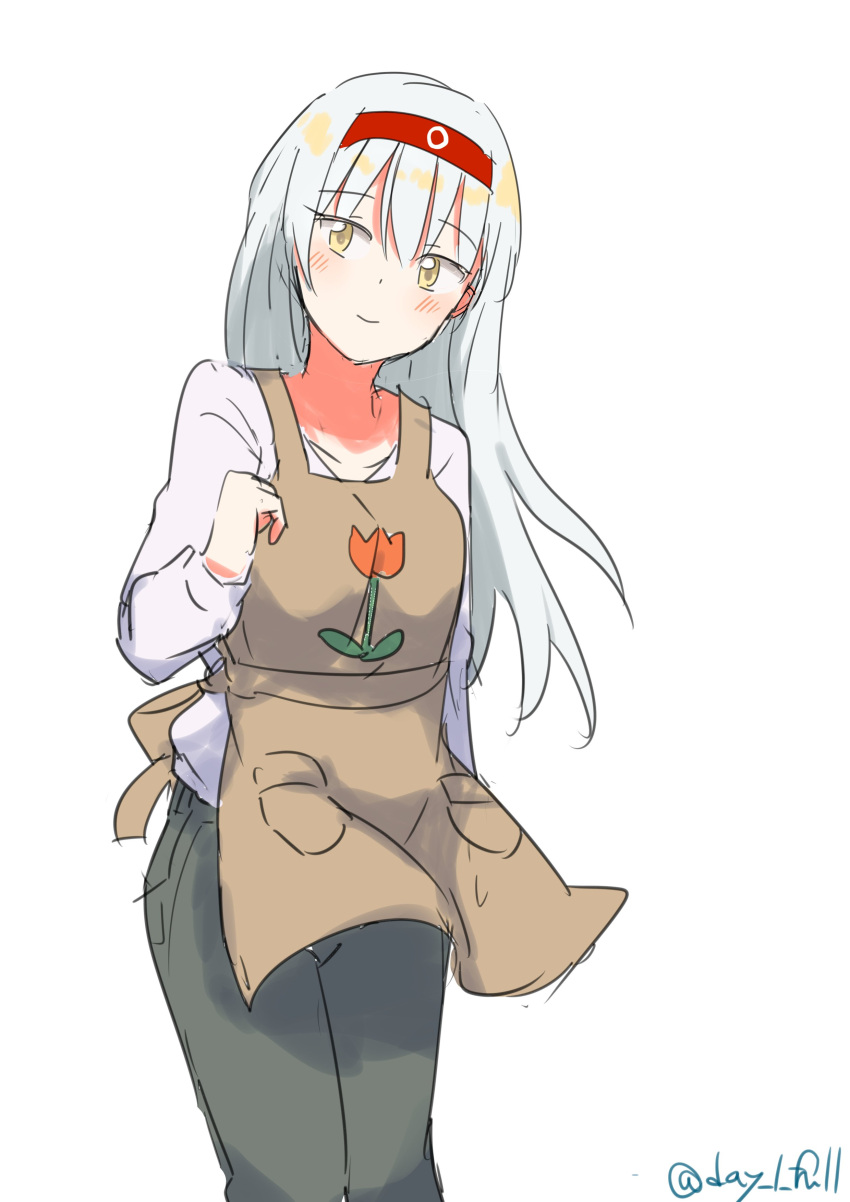 1girl absurdres alternate_costume apron brown_apron brown_eyes feet_out_of_frame floral_print flower grey_pants hairband highres kantai_collection leaning_forward long_sleeves looking_at_viewer pants red_hairband robinson_(day_l_full) shirt shoukaku_(kancolle) simple_background solo tulip twitter_username white_background white_hair white_shirt