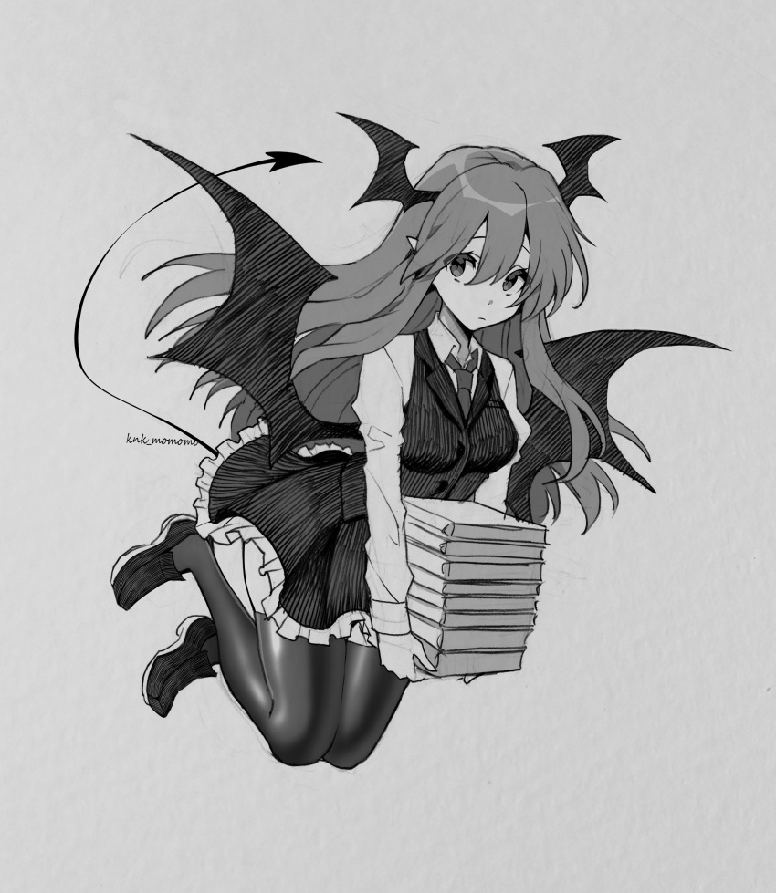 1girl absurdres book closed_mouth collared_shirt demon_tail demon_wings dress frilled_dress frills full_body greyscale hair_between_eyes head_wings highres holding holding_book kamenozoki_momomo koakuma long_hair long_sleeves monochrome necktie one-hour_drawing_challenge pantyhose shirt shoes signature solo tail touhou twitter_username vest wings