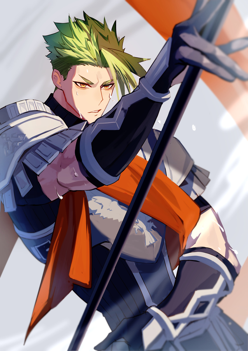 1boy absurdres achilles_(fate) armor black_shirt clenched_teeth fate/grand_order fate_(series) gauntlets green_hair grey_background haruakira highres holding holding_polearm holding_weapon male_focus orange_sash pauldrons polearm ribbed_shirt shirt short_hair shoulder_armor solo spiky_hair sweat sweatdrop teeth weapon yellow_eyes