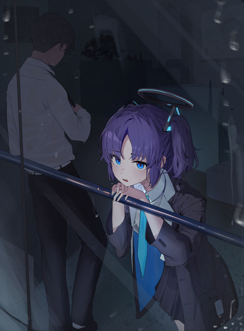 1boy 1girl absurdres against_railing black_jacket black_pants black_skirt blue_archive bra_visible_through_clothes formal from_outside highres jacket looking_at_viewer lovelyme own_hands_together pants purple_hair railing rain sensei_(blue_archive) shirt skirt two_side_up water_drop wet wet_clothes wet_shirt white_shirt yuuka_(blue_archive)