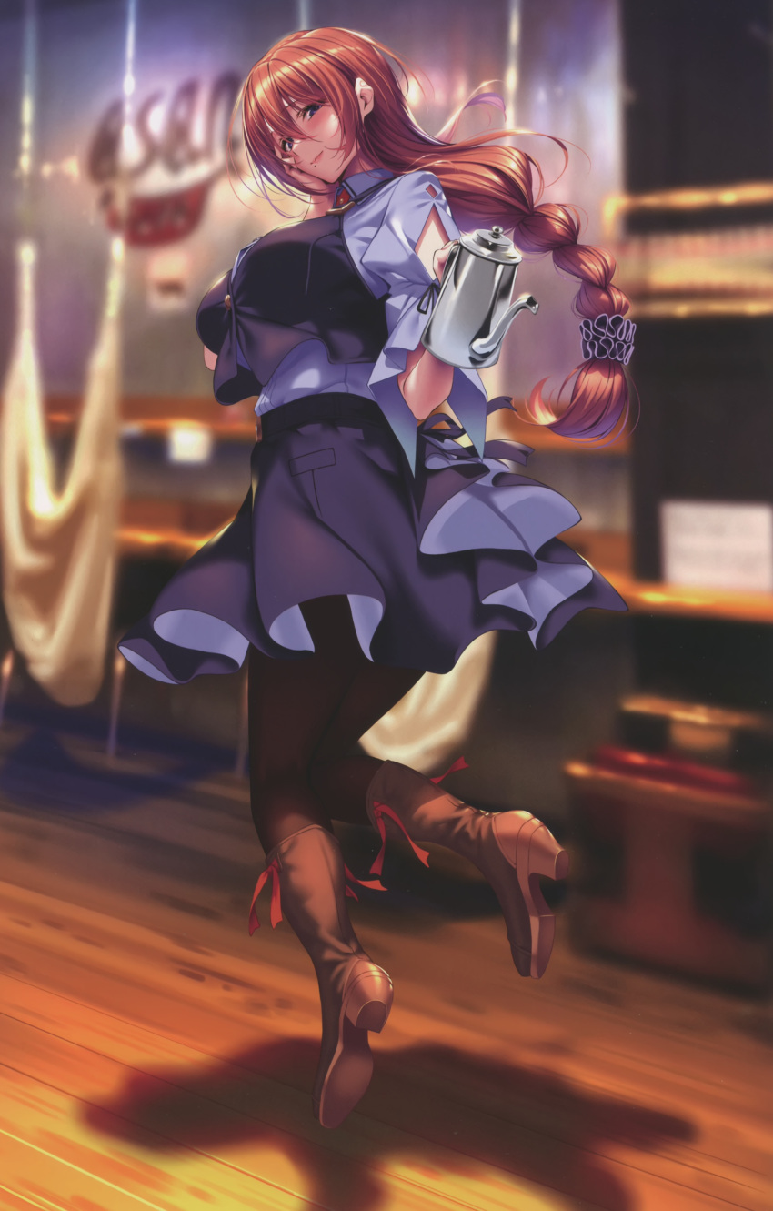 1girl absurdres blurry blurry_background boots braid breasts full_body hair_ornament hair_scrunchie hand_on_own_cheek hand_on_own_face hanikami_kanojo high_heel_boots high_heels highres holding indoors kurumi_shinoha long_hair looking_at_viewer low-tied_long_hair medium_breasts mole mole_under_mouth pantyhose piromizu puffy_sleeves scan scrunchie shadow short_sleeves simple_background single_braid skirt solo teapot