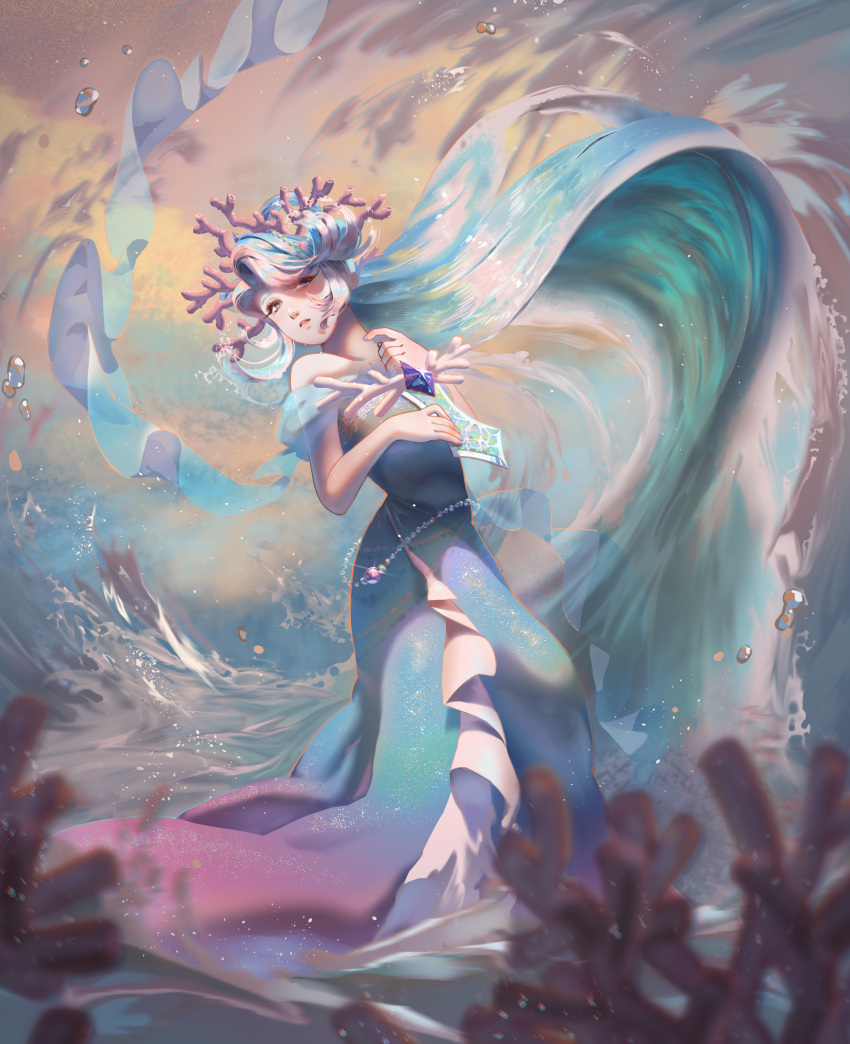 1girl absurdres aqua_nails blue_dress cookie_run coral coral_hair_ornament dress highres open_mouth sea_fairy_cookie solo standing tina616161 water