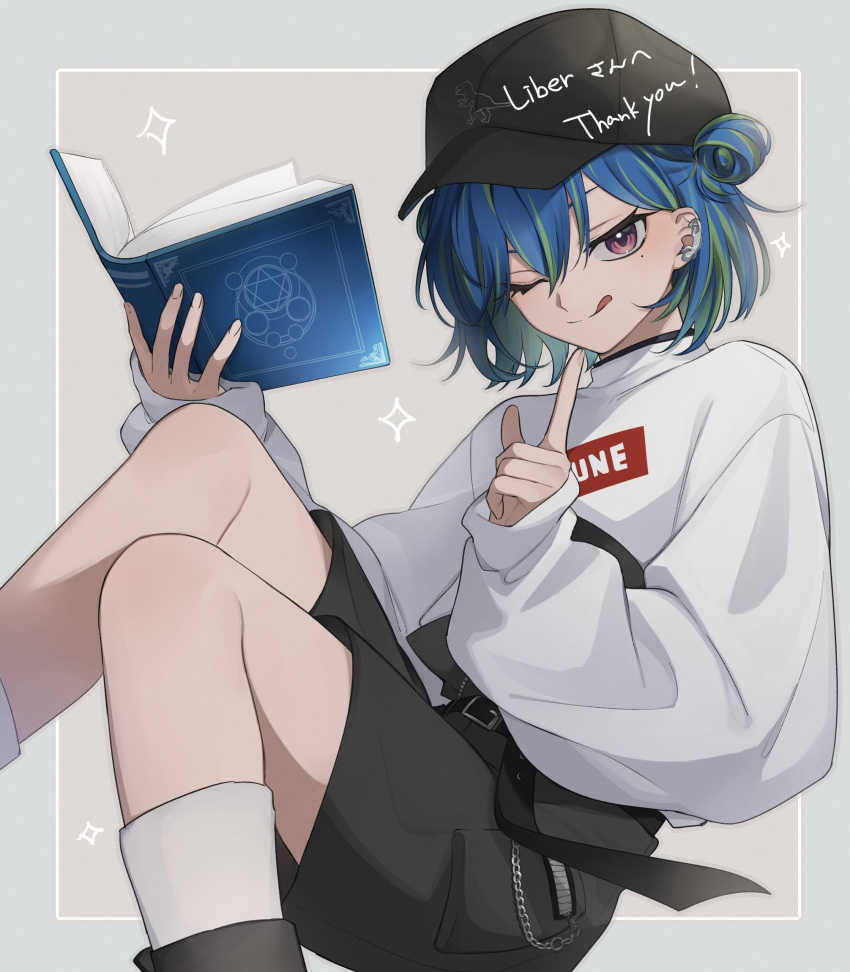 1girl :q baseball_cap belt black_belt black_footwear black_headwear black_shorts blue_hair book boots chain closed_mouth commentary_request double_bun feet_out_of_frame fingernails flat_chest green_hair grey_background hair_between_eyes hair_bun hat hexagram highres holding holding_book index_finger_raised long_bangs long_sleeves looking_at_viewer marotani mole mole_under_eye multicolored_hair nanashi_inc. official_alternate_costume one_eye_closed open_book pink_eyes pocket second-party_source short_hair shorts smile socks solo split_mouth suzumi_nemo suzumi_nemo_(2nd_costume) sweater tongue tongue_out two-tone_hair virtual_youtuber white_socks white_sweater