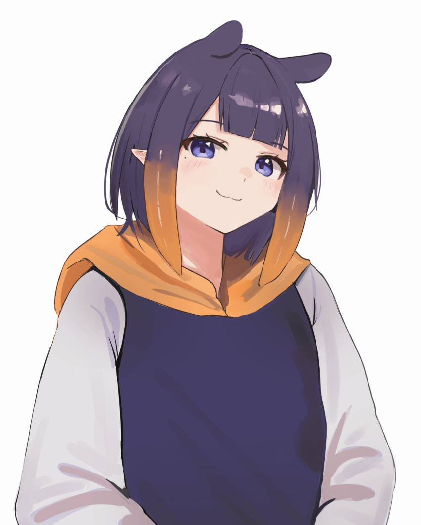 1girl :3 blue_hoodie blunt_bangs blush commentary highres hololive hololive_english hood hood_down hoodie ku_roiko looking_at_viewer medium_hair mole mole_under_eye multicolored_clothes multicolored_hair ninomae_ina'nis orange_hair orange_hood pointy_ears purple_hair simple_background solo tentacle_hair two-tone_hair upper_body virtual_youtuber white_background