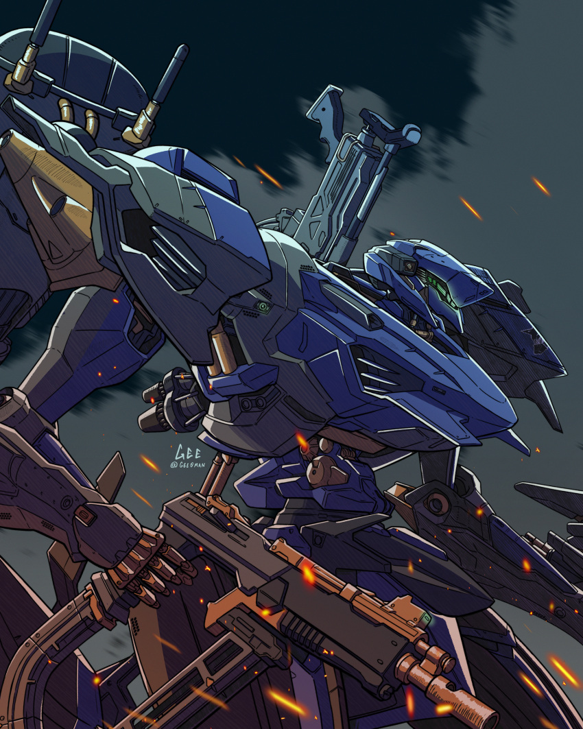 armored_core armored_core_6 artist_name assault_visor cable embers from_side glowing gun gun_on_back highres holding holding_gun holding_weapon mecha no_humans peyton_gee robot science_fiction solo twitter_username weapon weapon_on_back