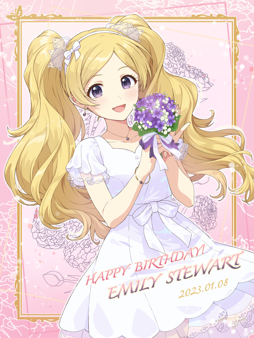 1girl 2023 absurdres blonde_hair blush bouquet bow bracelet character_name collarbone dress earrings emily_stewart eyelashes flower hair_ornament hairband happy_birthday highres holding holding_bouquet idolmaster idolmaster_million_live! idolmaster_million_live!_theater_days jewelry long_hair looking_at_viewer open_mouth parted_bangs pendant purple_flower ribbon see-through see-through_sleeves shiro_(ongrokm) short_sleeves smile solo twintails very_long_hair violet_(flower) violet_eyes white_dress