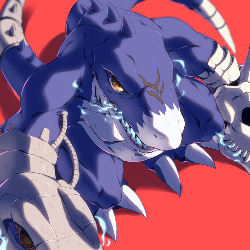 claws deltamon digimon digimon_(creature) dragon highres looking_at_viewer maplo no_humans red_background red_eyes sharp_teeth simple_background skull solo teeth
