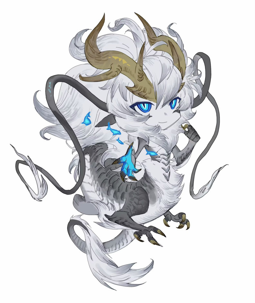 1boy antlers blue_eyes centauroid chibi claws closed_mouth colored_skin dragon dragon_boy dragon_tail eastern_dragon floating_hair full_body grey_hair grey_scales grey_skin highres leviair long_hair looking_at_viewer male_focus mane monster_boy original pointy_ears scales simple_background slit_pupils smile solo tail taur white_background