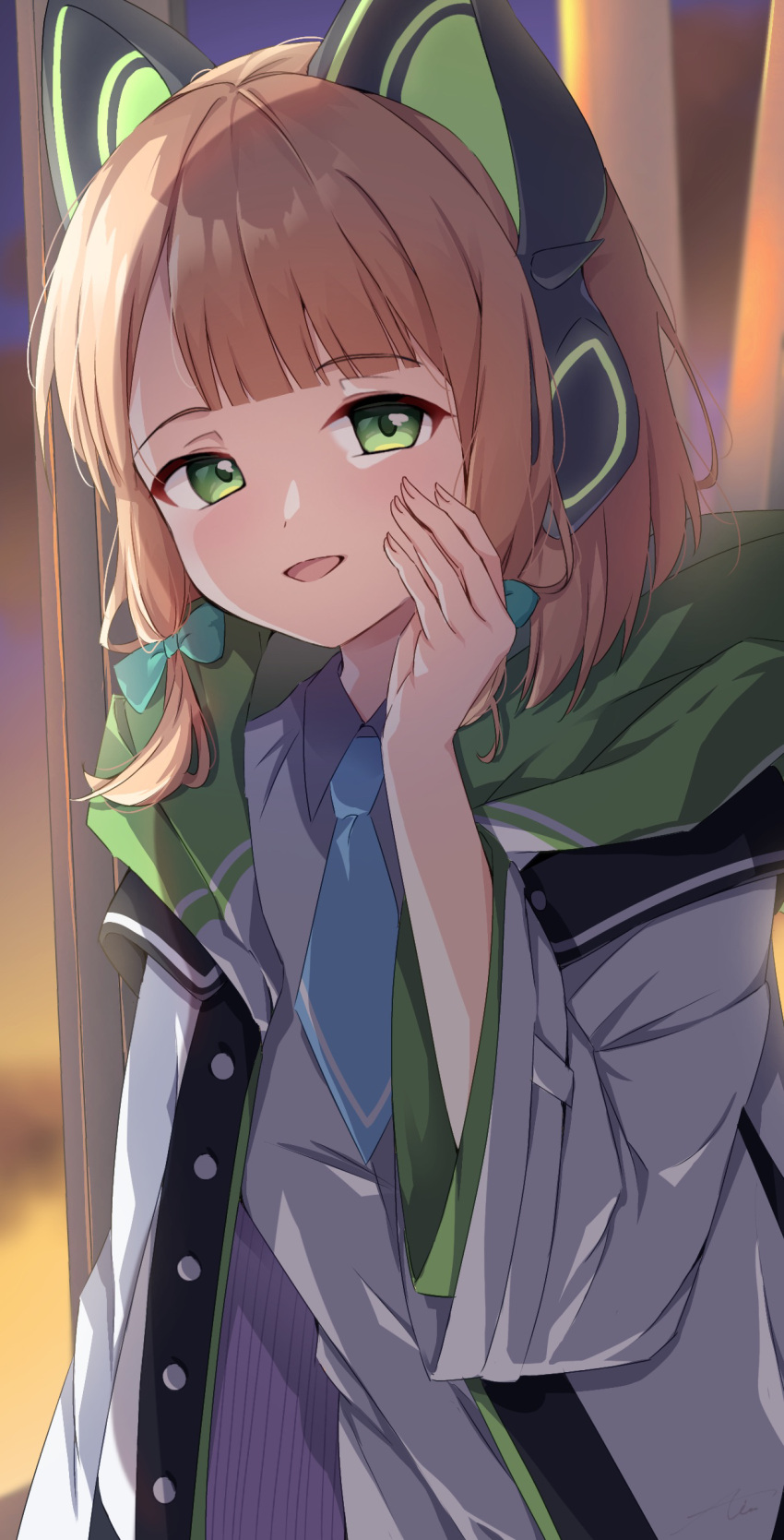 1girl absurdres animal_ear_headphones animal_ears aqua_necktie blonde_hair blue_archive collared_shirt fake_animal_ears fingernails green_eyes headphones highres ice_cream_(aisu_aisu_9898) jacket long_sleeves looking_at_viewer midori_(blue_archive) necktie open_clothes open_jacket open_mouth shirt short_hair smile solo upper_body white_jacket white_shirt wide_sleeves