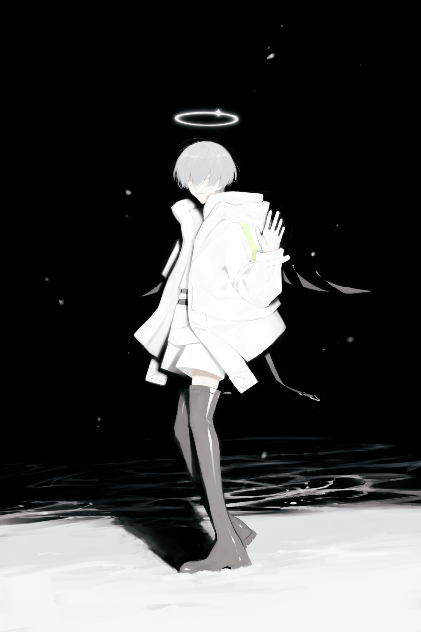 1boy absurdres arene_(arknights) arknights black_footwear boots closed_eyes closed_mouth detached_wings facing_viewer full_body grey_hair hair_between_eyes highres jacket long_sleeves male_focus shirt short_hair shorts smile solo thigh_boots waving wentao0324 white_jacket white_shirt white_shorts wings