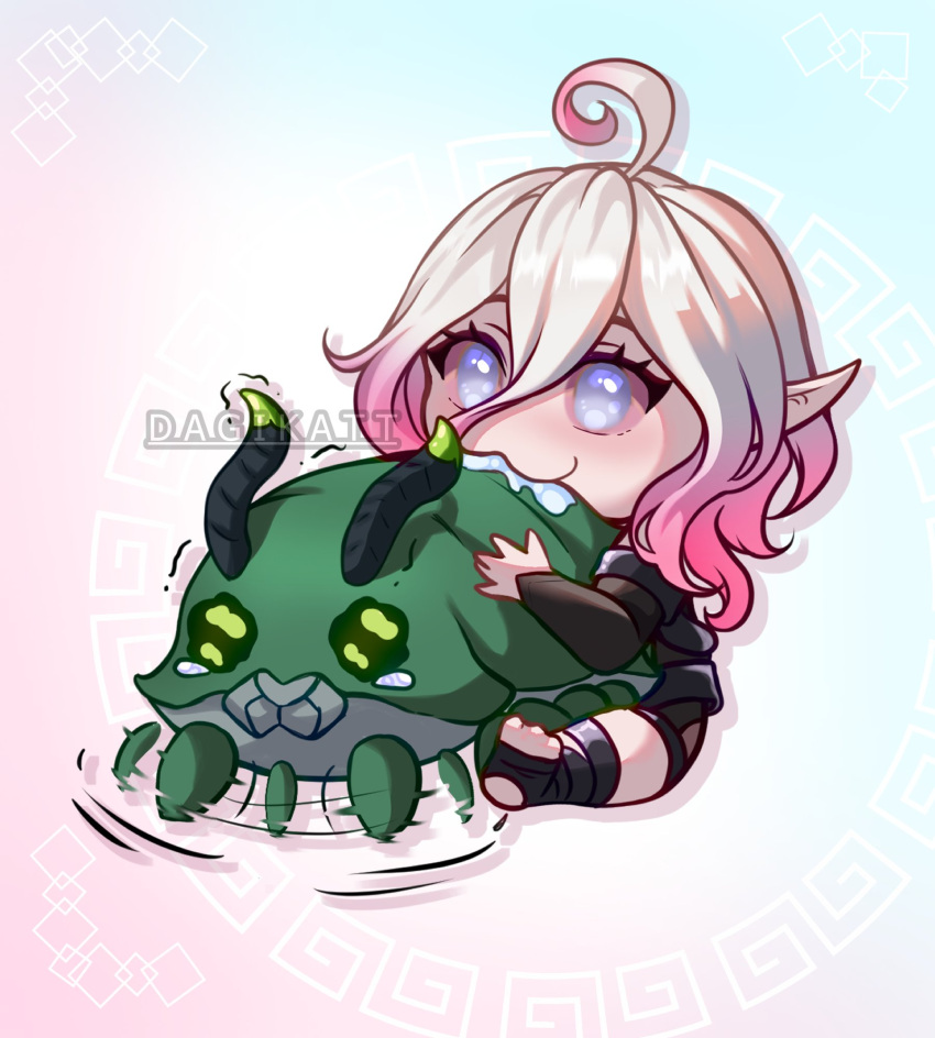 1girl :3 ahoge briar_(league_of_legends) chibi colored_sclera creature crying dagikatt grey_eyes grey_hair highres league_of_legends long_sleeves pink_hair pink_sclera pointy_ears rift_scuttler saliva scared sitting smile toeless_footwear trembling
