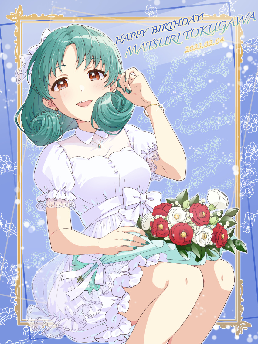 1girl 2023 absurdres blush bouquet bow bracelet breasts brown_eyes buttons camellia character_name curly_hair dress flower frilled_dress frills green_hair green_nails hair_ornament happy_birthday highres idolmaster idolmaster_million_live! idolmaster_million_live!_theater_days jewelry looking_at_viewer manicure medium_hair nail_polish open_mouth parted_bangs pendant puffy_short_sleeves puffy_sleeves ribbon see-through see-through_sleeves shiro_(ongrokm) short_sleeves sitting smile solo tareme tokugawa_matsuri