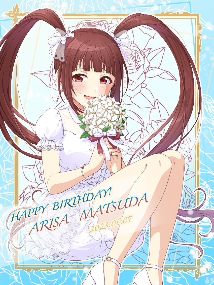 1girl 2023 absurdres blunt_bangs blush bouquet bow bracelet brown_eyes brown_hair buttons character_name dress earrings frilled_dress frills happy_birthday highres holding holding_bouquet idolmaster idolmaster_million_live! idolmaster_million_live!_theater_days jewelry long_hair looking_at_viewer matsuda_arisa open_mouth puffy_short_sleeves puffy_sleeves raised_eyebrows red_nails ribbon shiro_(ongrokm) short_sleeves sidelocks sitting smile solo twintails very_long_hair white_dress white_footwear