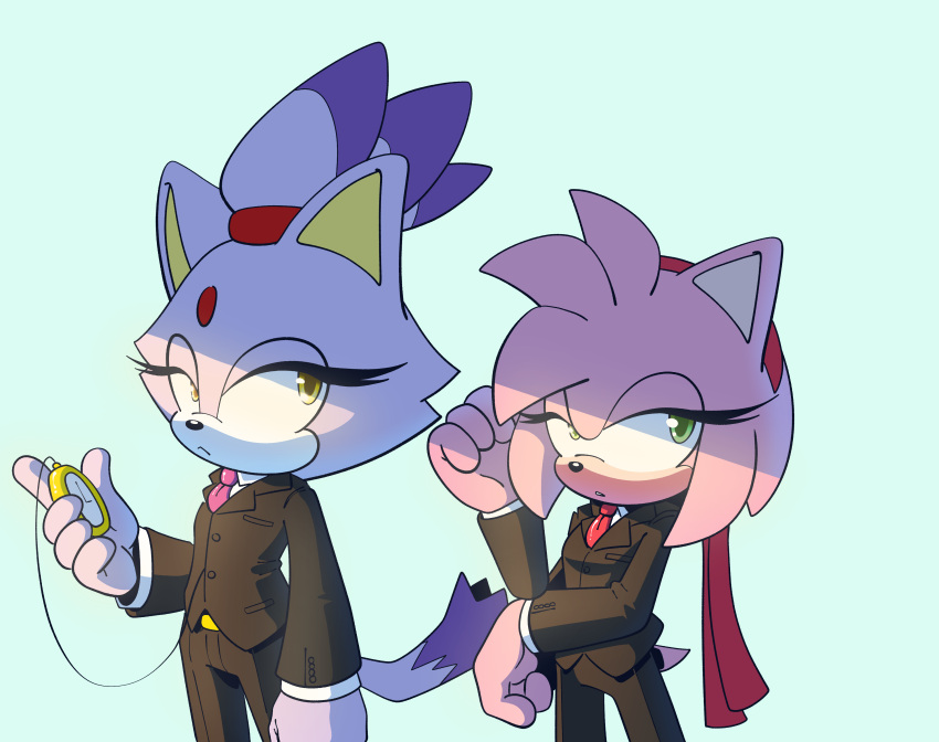 2girls absurdres amy_rose animal_ears black_suit blaze_the_cat cat_ears cat_girl cat_tail eyelashes forehead_jewel green_eyes hairband hedgehog_girl highres looking_at_viewer multiple_girls necktie novika pink_fur pocket_watch purple_fur sonic_(series) suit tail topknot watch yellow_eyes