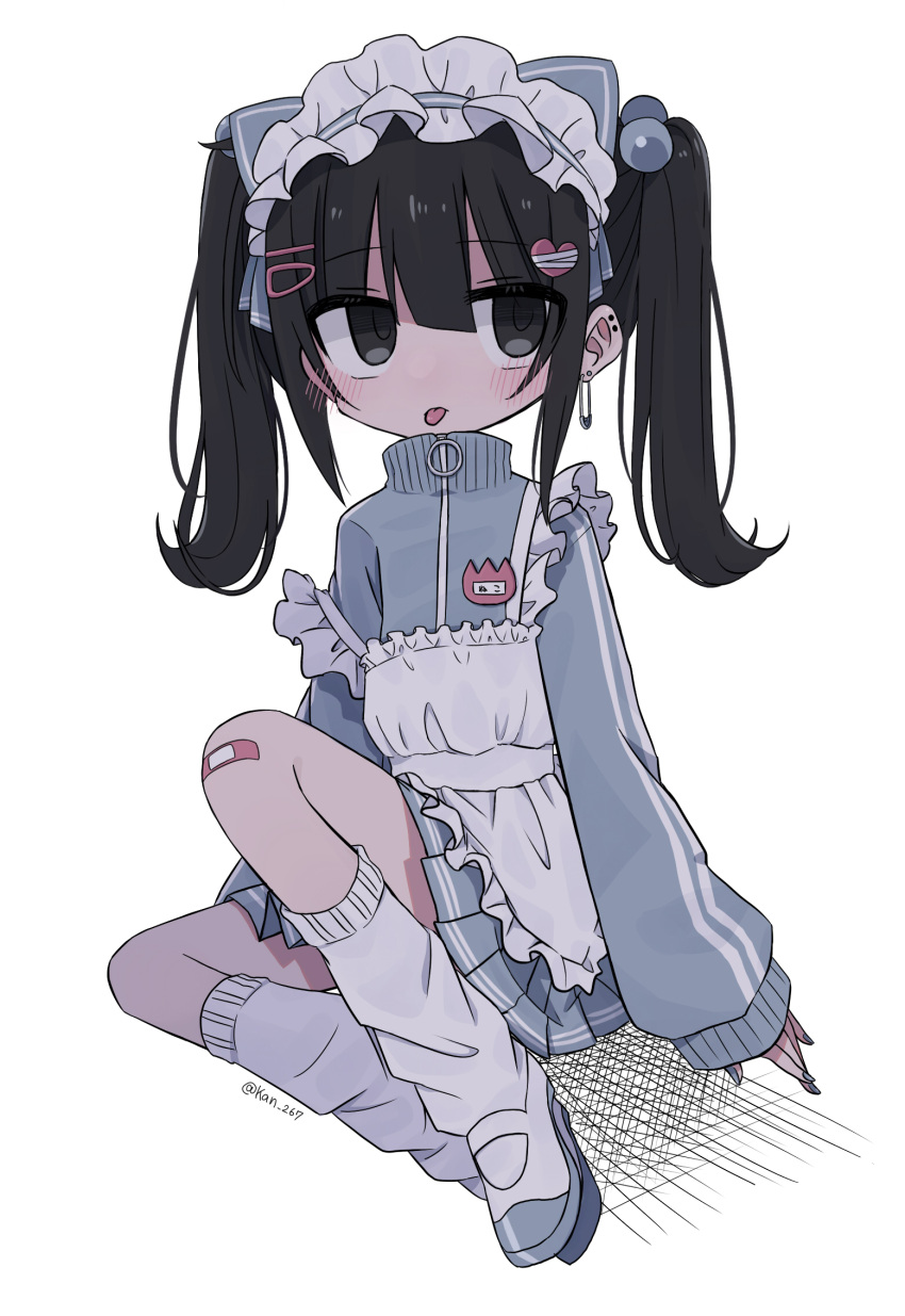 1girl animal_ears apron bandaid bandaid_on_knee bandaid_on_leg black_hair blue_jacket blue_skirt cat_ears ear_piercing earrings fake_animal_ears frilled_apron frilled_hairband frills full_body hair_ornament hairband hairclip heart heart_hair_ornament highres jacket jersey_maid jewelry kanikan long_hair long_sleeves looking_to_the_side loose_socks maid name_tag original piercing pleated_skirt shoes sitting skirt socks solo tongue tongue_out track_jacket turtleneck turtleneck_jacket twintails twitter_username unconventional_maid white_apron white_background white_socks