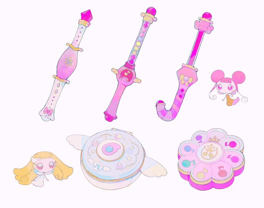 blonde_hair blunt_bangs brown_eyes commentary compact_(cosmetics) creature dodo_(ojamajo_doremi) double_bun dress fairy full_body hair_bun highres musical_note ojamajo_doremi pepparmint310 pink_eyes pink_hair simple_background symbol-only_commentary toto_(ojamajo_doremi) wand white_background wing_hair_ornament
