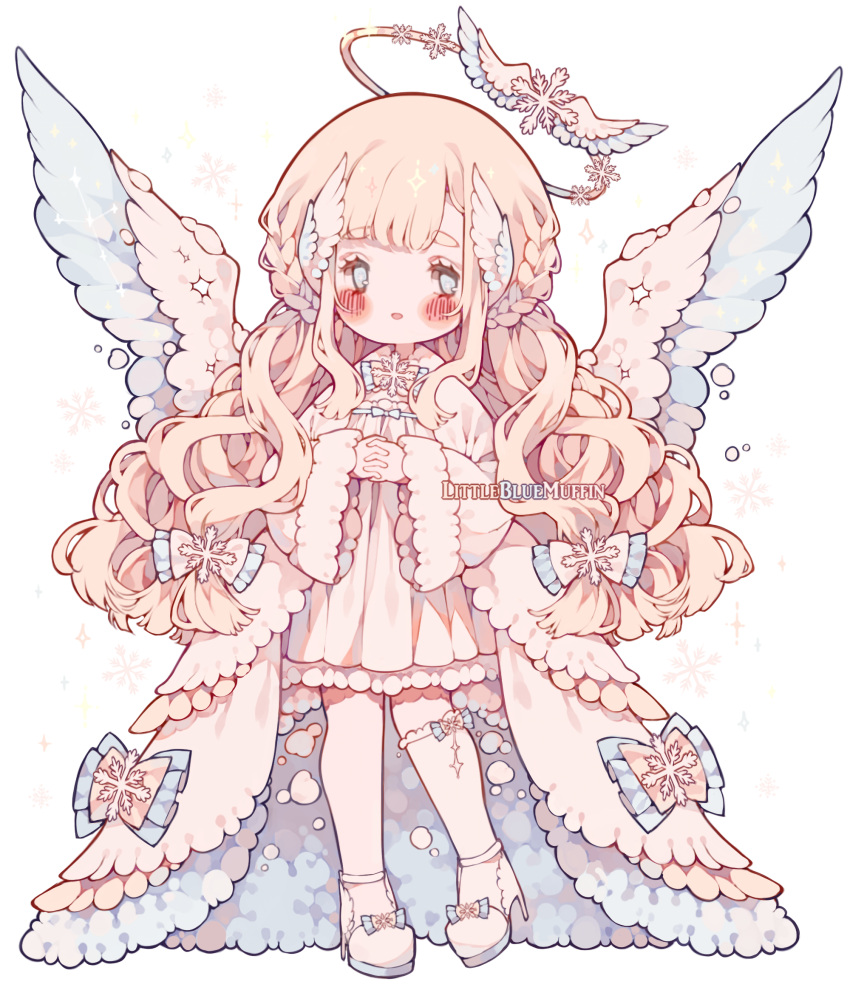 1girl angel angel_wings artist_name asymmetrical_legwear blonde_hair blue_eyes blush blush_stickers bow bow_legwear bowtie braid chibi dress english_commentary eyelashes feathered_wings footwear_bow french_braid frilled_bow frilled_bowtie frilled_dress frilled_thighhighs frills fur-trimmed_sleeves fur_trim hair_bow hair_ornament halo high_heels highres juliet_sleeves layered_clothes littlebluemuffin long_hair long_sleeves looking_ahead open_mouth original own_hands_clasped own_hands_together painttool_sai_(medium) puffy_sleeves robe short_dress single_thighhigh smile snow snowflake_brooch snowflake_hair_ornament sparkle thigh-highs transparent_background watermark wavy_hair white_bow white_bowtie white_dress white_footwear white_robe white_thighhighs white_wings wide_sleeves wing_hair_ornament wings