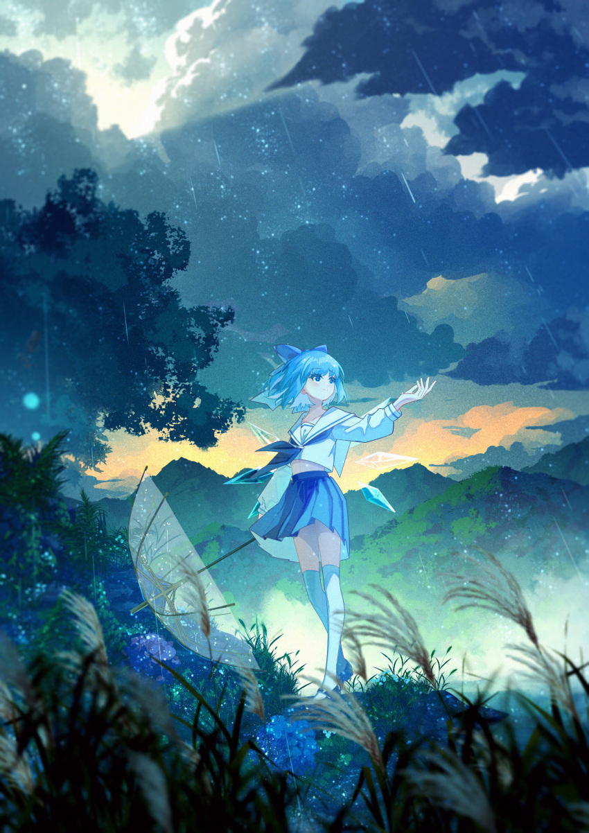 1girl absurdres black_footwear blue_bow blue_eyes blue_hair blue_neckerchief blue_skirt bow cirno cirno_day clouds cloudy_sky detached_wings fairy hair_bow highres holding holding_umbrella ice ice_wings jiege long_sleeves neckerchief outdoors pleated_skirt sailor_collar school_uniform serafuku shoes short_hair skirt sky solo thigh-highs touhou tree umbrella white_sailor_collar white_thighhighs wings