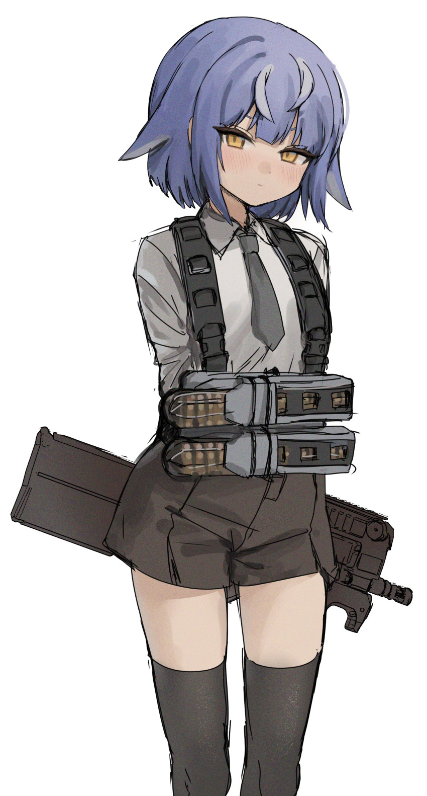 1girl absurdres arms_behind_back black_shorts black_thighhighs blue_hair bullpup closed_mouth collared_shirt commentary_request feet_out_of_frame grey_necktie gun hair_flaps highres looking_at_viewer necktie original p90 shirt short_hair short_shorts shorts simple_background sixthpaledot solo standing submachine_gun thigh-highs weapon white_background white_shirt yellow_eyes