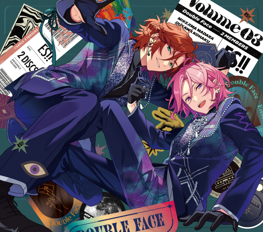 2boys black_gloves braid brown_hair commentary_request double_face_(ensemble_stars!) earrings ensemble_stars! gloves green_eyes happy_elements highres jewelry long_sleeves looking_at_viewer male_focus mikejima_madara multiple_boys official_art open_mouth oukawa_kohaku pink_eyes short_hair smile teeth upper_teeth_only violet_eyes