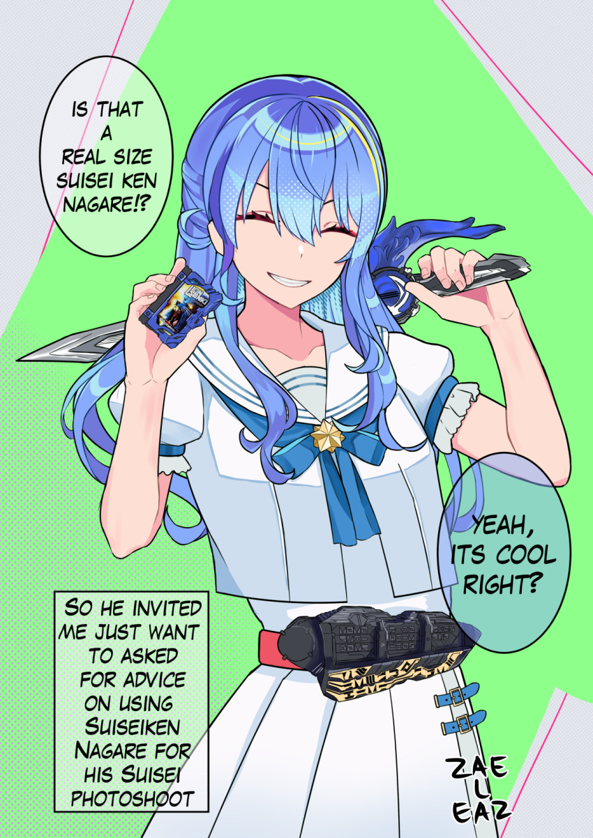 1boy belt blue_bow blue_bowtie blue_hair bow bowtie closed_eyes commentary cosplay crossdressing english_commentary english_text grin highres holding holding_sword holding_weapon hololive hoshimachi_suisei hoshimachi_suisei_(cosplay) hoshimachi_suisei_(school_uniform) jaheterbang kamen_rider kamen_rider_saber_(series) long_hair name_connection object_namesake otoko_no_ko pleated_skirt pov puffy_short_sleeves puffy_sleeves rider_belt sailor_collar shirt short_sleeves skirt smile solo suiseiken_nagare sword tokusatsu virtual_youtuber weapon weapon_across_shoulders white_sailor_collar white_shirt white_skirt