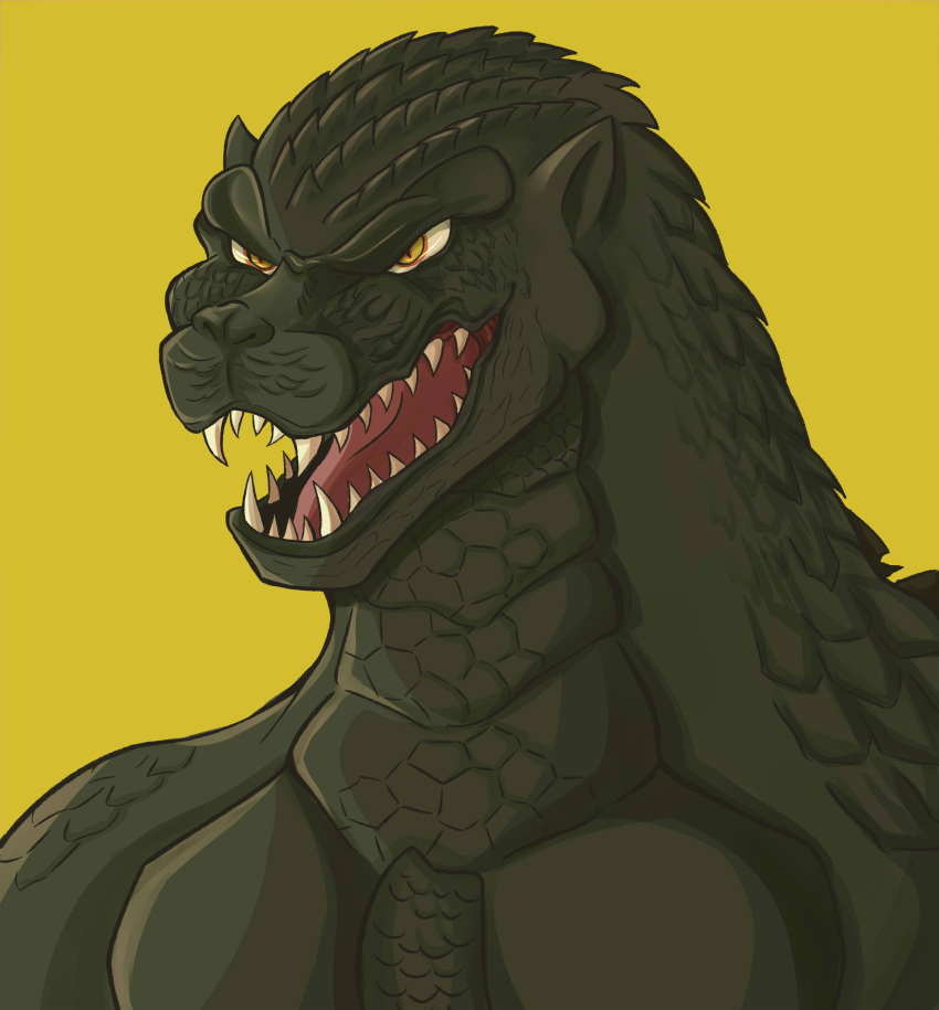 absurdres evil_grin evil_smile giant giant_monster godzilla grin highres kaijuu no_humans sharp_teeth smile teeth yellow_background yellow_eyes