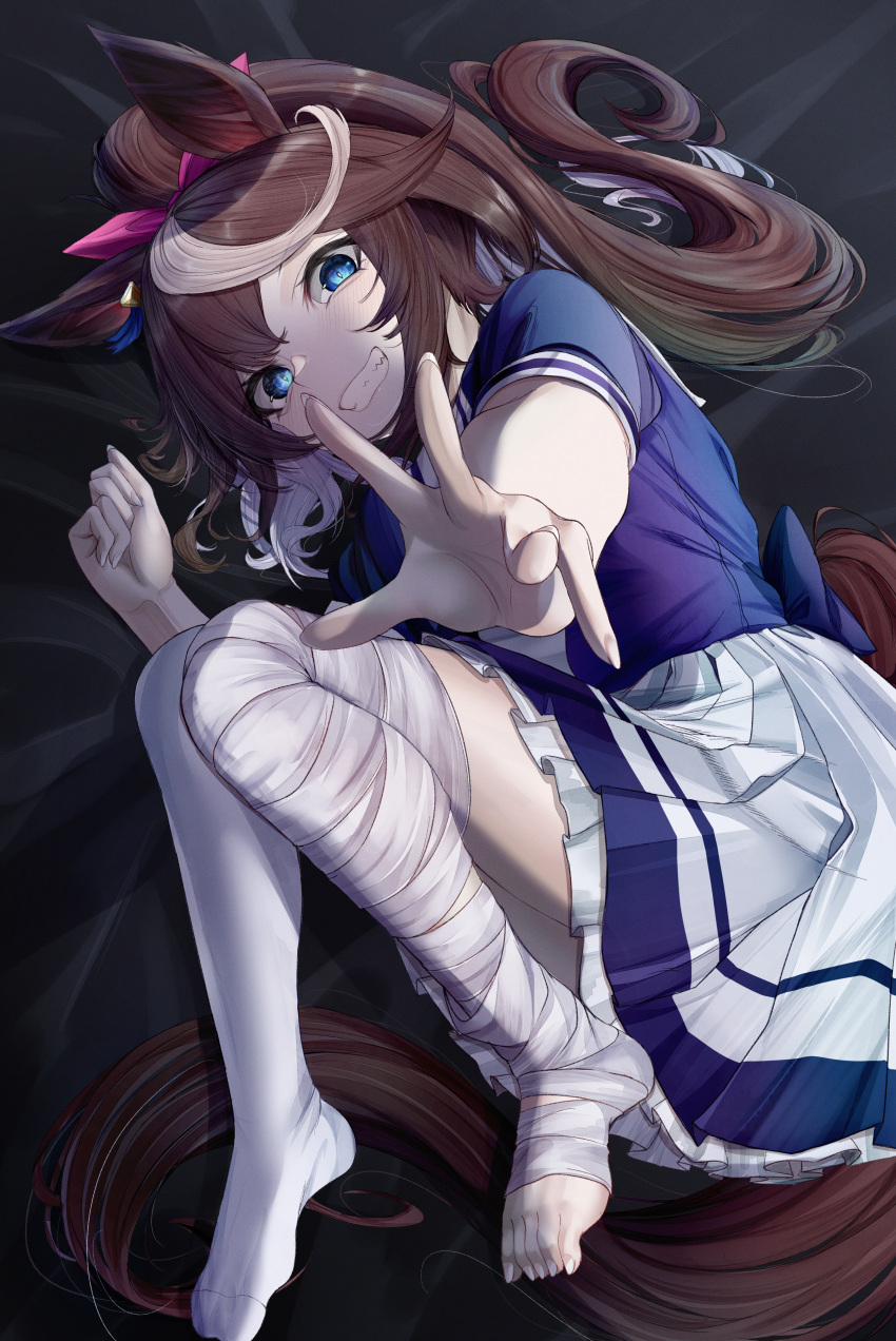 1girl absurdres animal_ears bandaged_leg bandages blue_eyes broken_leg brown_hair ear_ribbon frilled_skirt frills grin heart2833 highres horse_ears horse_girl horse_tail injury looking_at_viewer lying multicolored_hair on_side outstretched_arm outstretched_hand ponytail school_uniform shirt short_sleeves skirt smile solo tail tokai_teio_(umamusume) tracen_school_uniform two-tone_hair umamusume white_shirt