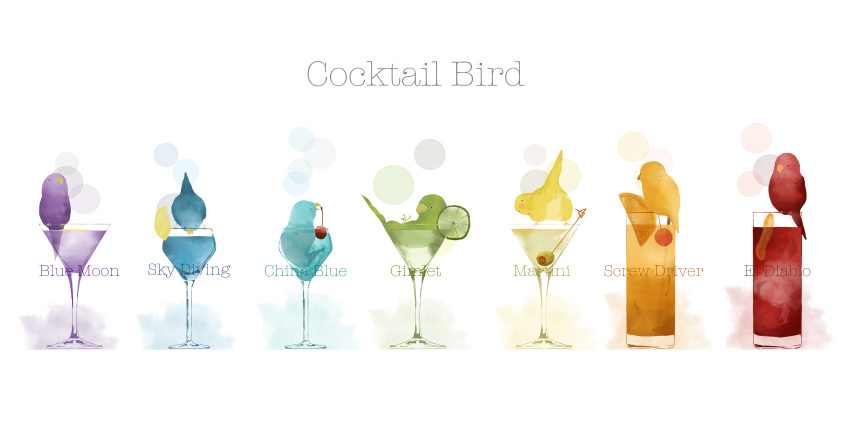 absurdres alcohol bird black_eyes blue_bird cherry cocktail cocktail_glass cup drink drinking_glass english_text food fruit green_bird highres incredibly_absurdres kaede_(221005) lemon lemon_slice lime_(fruit) lime_slice martini no_humans olive orange_(fruit) orange_bird orange_slice original parrot partially_submerged purple_bird red_bird solid_circle_eyes white_background yellow_bird