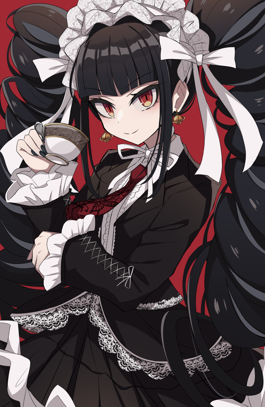 1girl absurdres black_hair black_jacket black_nails blunt_bangs bonnet celestia_ludenberg claw_ring cup danganronpa:_trigger_happy_havoc danganronpa_(series) drill_hair earrings frilled_jacket frills gothic_lolita hand_up highres holding holding_cup jacket jewelry lace-trimmed_skirt lace_trim layered_skirt lolita_fashion long_hair long_sleeves looking_at_viewer meiji_(meizi493) nail_polish necktie open_clothes open_jacket pleated_skirt print_necktie red_background red_eyes red_necktie shirt simple_background skirt smile solo twin_drills twintails