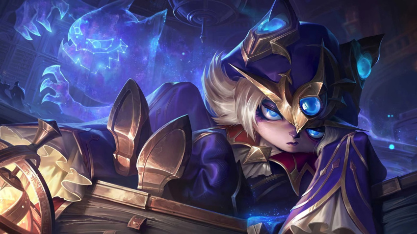 1girl blue_eyes blue_robe book brown_footwear commentary english_commentary flipped_hair gem glowing grey_hair highres hood hood_up indoors lamp league_of_legends looking_at_viewer robe sitting solo_focus vex_(league_of_legends) vex_shadow_(league_of_legends) yordle