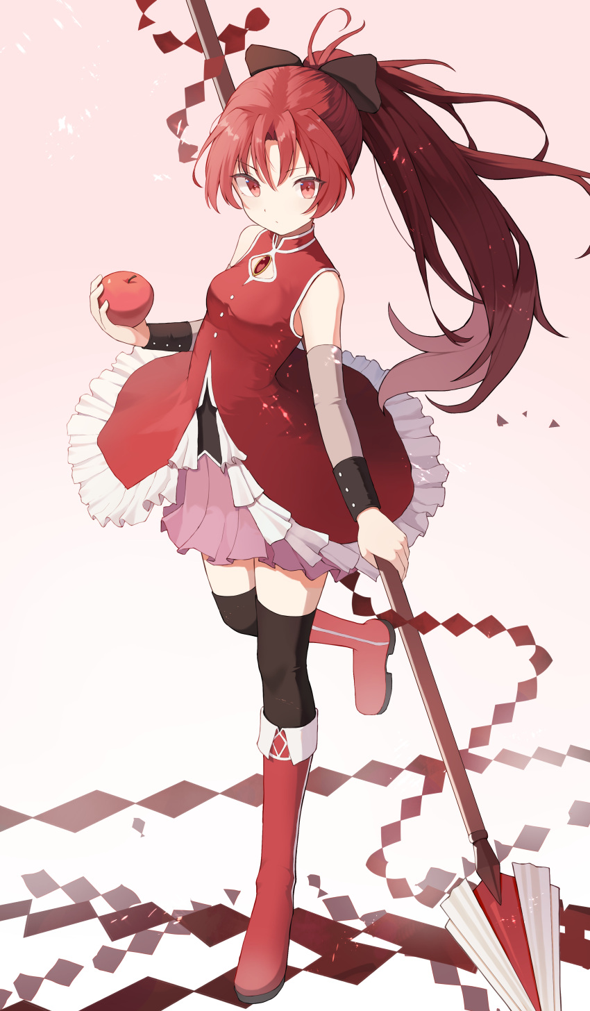 1girl absurdres apple black_thighhighs boots bow collared_dress detached_sleeves dress expressionless food frilled_dress frills from_side fruit full_body hair_bow high_ponytail highres holding holding_food holding_fruit holding_polearm holding_weapon knee_boots long_hair looking_at_viewer magical_girl mahou_shoujo_madoka_magica mahou_shoujo_madoka_magica_(anime) parted_bangs pink_background pink_skirt polearm red_dress red_eyes red_footwear redhead sakura_kyoko skirt sleeveless sleeveless_dress solo standing standing_on_one_leg thigh-highs weapon xinjinjumin8456216