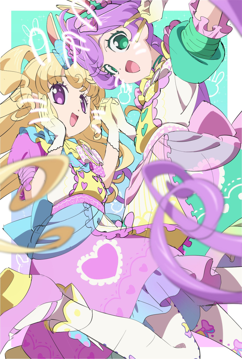 2girls :d animal_ears blonde_hair commentary_request drawn_ears drawn_whiskers dress edamame_(buruburu) fake_animal_ears frilled_dress frills gloves green_dress green_eyes hand_on_own_cheek hand_on_own_face hands_up highres holding_hands idol_time_pripara jumping long_hair looking_at_another looking_at_viewer manaka_lala multiple_girls open_mouth pink_dress pink_footwear pretty_(series) pripara rabbit_ears shoes smile two_side_up very_long_hair violet_eyes white_gloves yumekawa_yui