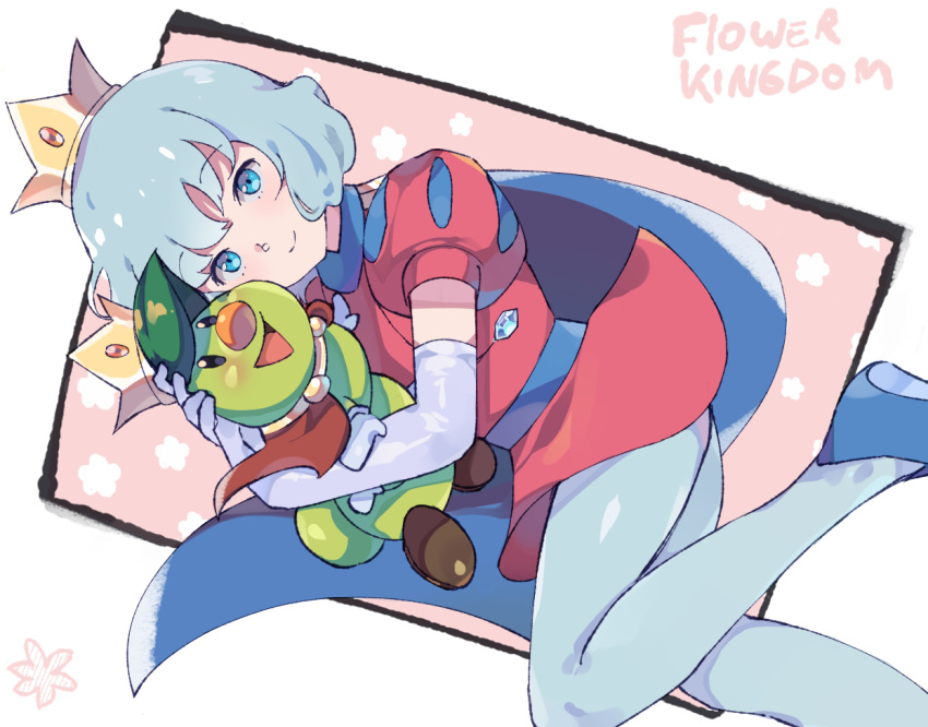 2boys :d androgynous aqua_eyes blue_footwear bob_cut cape caterpillar crown dutch_angle elbow_gloves flower fq75017 gloves holding hug jewelry looking_at_viewer male_focus multiple_boys necklace otoko_no_ko pantyhose prince_florian prince_haru red_tunic short_hair simple_background smile super_mario_bros. super_mario_bros.:_peach-hime_kyushutsu_dai_sakusen! super_mario_bros._wonder tunic white_gloves
