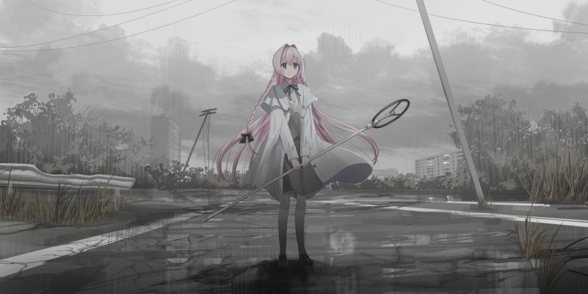 1girl black_bow black_footwear black_ribbon bow building chihuri clouds cloudy_sky collared_shirt commentary_request day dress_shirt grey_pantyhose grey_skirt grey_vest guardromon hair_between_eyes hair_bow hair_intakes highres holding holding_staff jacket loafers long_hair nea_(chihuri) neck_ribbon open_clothes open_jacket original outdoors pantyhose power_lines rain ribbon road shirt shoes skirt sky solo staff two_side_up utility_pole very_long_hair vest violet_eyes white_jacket white_shirt