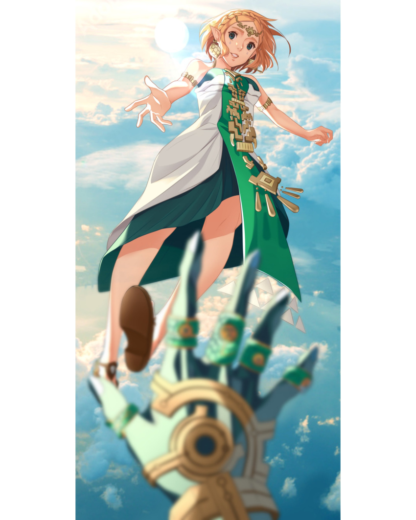 1boy 1girl absurdres armlet bare_shoulders blonde_hair braid clouds commentary crown_braid dress earrings english_commentary green_eyes grin highres jewelry link lips looking_at_viewer out_of_frame outdoors parted_lips pink_lips pointy_ears princess_zelda reaching reaching_towards_viewer sandals short_hair sky smile strapless strapless_dress teardrop_facial_mark the_legend_of_zelda the_legend_of_zelda:_tears_of_the_kingdom wanderstillart