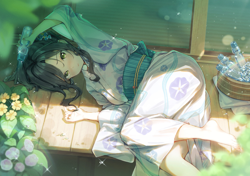 1girl absurdres architecture barefoot black_hair blurry blurry_foreground blush bottle breasts bucket chilia012 depth_of_field east_asian_architecture floral_print highres holding holding_bottle idolmaster idolmaster_cinderella_girls japanese_clothes kimono large_breasts looking_at_viewer lying mukai_takumi on_floor on_side ramune solo white_kimono wooden_bucket