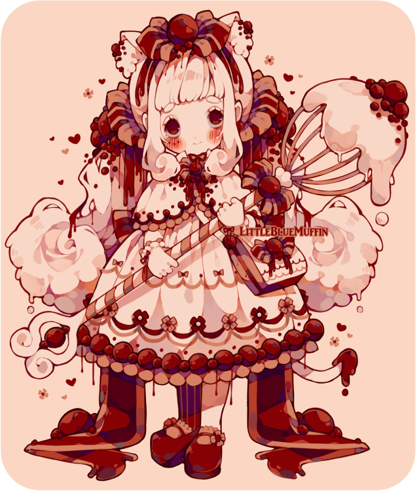 1girl adoptable animal_ear_fluff animal_ears artist_name back_bow bag blush blush_stickers bow bowtie brown_background brown_bow brown_flower capelet cat_ears cat_tail chibi closed_mouth collared_capelet cranberry cream curly_hair dress english_commentary eyelashes flower food-themed_clothes food-themed_hair_ornament frilled_capelet frilled_dress frilled_sleeves frills hair_bow hair_ornament hair_scrunchie handbag heart highres holding holding_whisk icing littlebluemuffin long_hair long_sleeves looking_at_viewer low_twintails medium_dress original oversized_object red_bow red_bowtie red_eyes red_flower red_ribbon ribbon scrunchie sidelocks smile striped striped_bow tail thick_eyebrows twintails two-tone_bow watermark whisk white_bag white_capelet white_dress white_hair wrist_ribbon