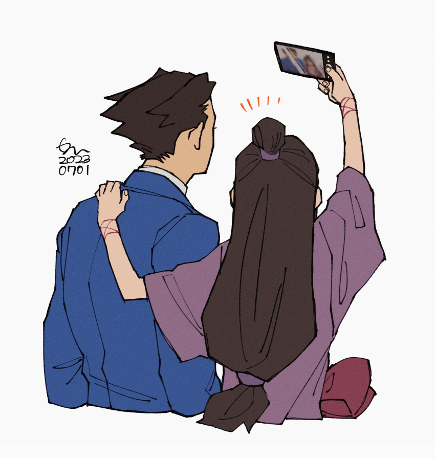 1boy 1girl ace_attorney arm_up black_hair blue_jacket cellphone cropped_torso dated erm_nkcn facing_away half_updo hand_on_another's_shoulder hand_up highres holding holding_phone jacket long_hair long_sleeves maya_fey phoenix_wright phone purple_jacket selfie short_hair signature smartphone spiky_hair