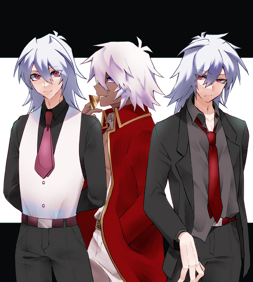 3boys alternate_costume arms_behind_back bakura_ryou belt black_background black_jacket black_pants black_shirt blazer brown_belt buttons closed_mouth coat collared_shirt commentary_request cowboy_shot dark-skinned_male dark_skin expressionless grey_shirt grin hand_in_pocket highres jacket kitui_aaa long_bangs long_hair looking_at_viewer male_focus multiple_boys necktie open_clothes open_jacket pants profile red_belt red_coat red_eyes red_necktie shirt smile suit touzokuou_bakura two-tone_background vest violet_eyes white_hair white_vest yami_bakura yu-gi-oh! yu-gi-oh!_duel_monsters