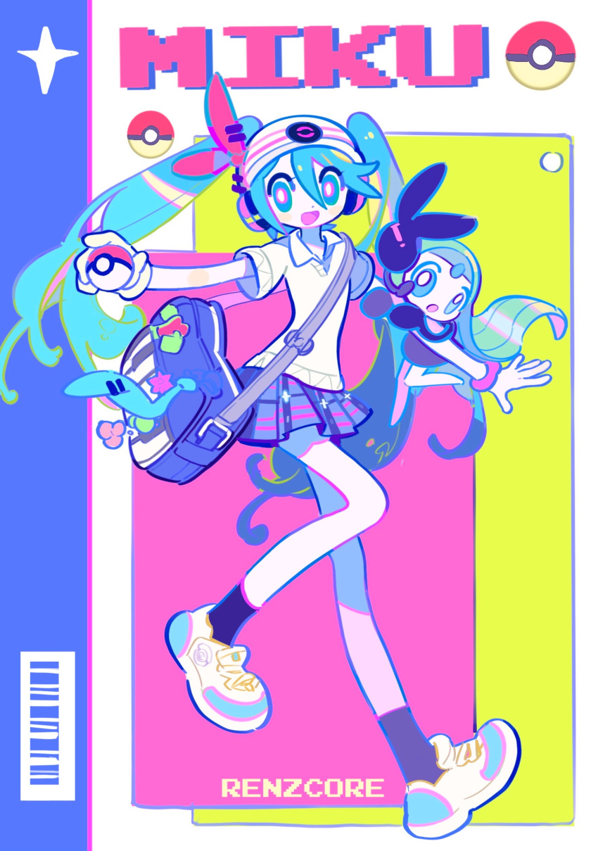 1girl absurdres artist_name bag barcode beanie black_skirt black_socks blue_background blue_eyes blue_hair blue_necktie bracelet bright_pupils character_name collared_shirt commentary creature_on_arm hair_ribbon hair_through_headwear hat hatsune_miku headphones highres holding holding_poke_ball jewelry long_hair looking_at_viewer meloetta meloetta_(aria) multicolored_background multicolored_eyes necktie necktie_removed outstretched_arms pink_background pink_eyes pleated_skirt poke_ball pokemon pokemon_(creature) project_voltage red_ribbon renzhi00334233 ribbon shirt shoes short_sleeves shoulder_bag skirt smile sneakers socks solo spread_arms standing standing_on_one_leg sweater symbol-only_commentary twintails vocaloid white_background white_headwear white_pupils white_shirt white_sweater yellow_background