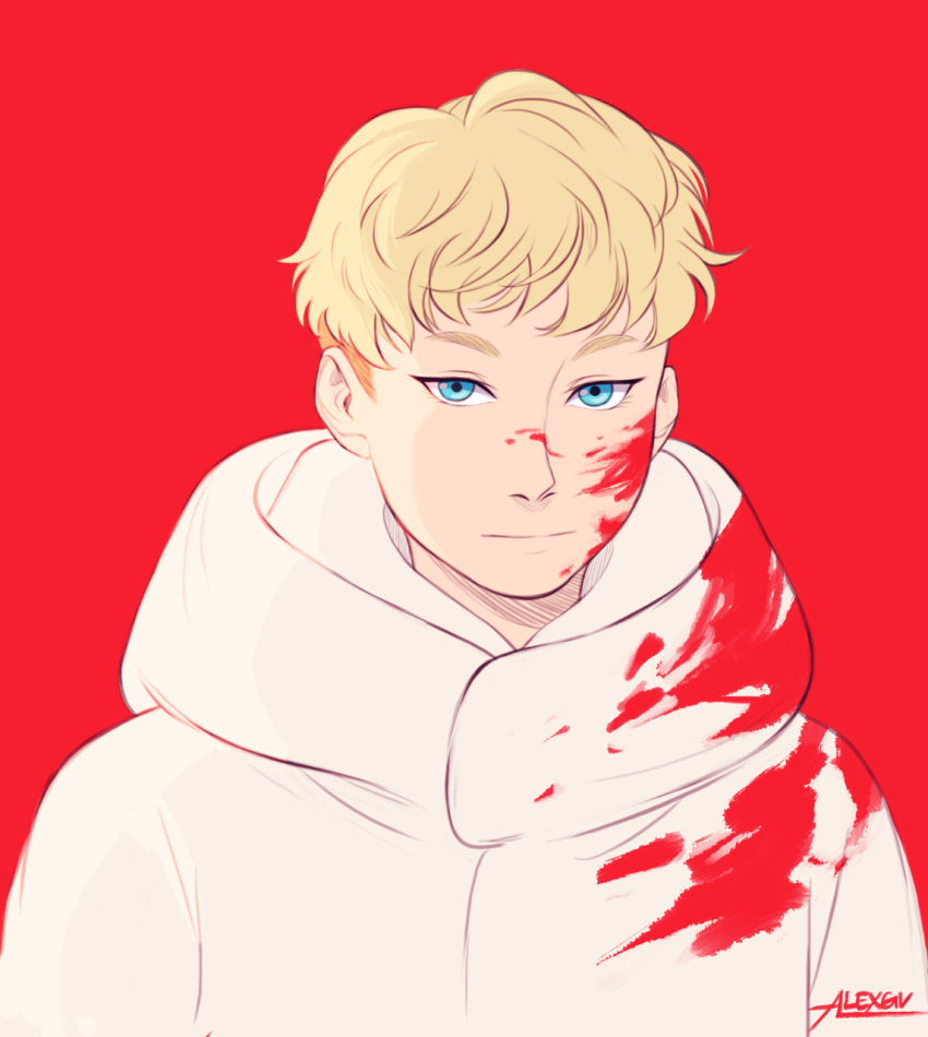 alexgvart asuka_ryou blonde_hair blood blood_on_face blue_eyes devilman devilman_crybaby highres male_focus red_background shirt white_shirt